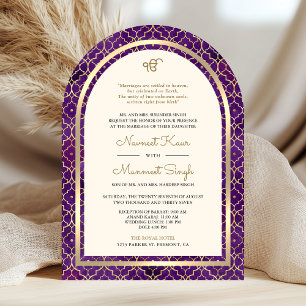 Paars Gouden Marokkaanse QR Code Sikh Boog Bruilof Kaart