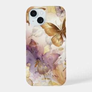 Paars & Gouden Vlinder Aquarel Vlinders iPhone 15 Hoesje