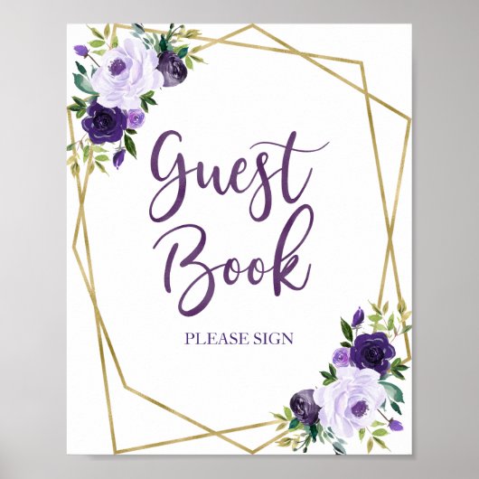 Paars Gouden Waterverf Bloem Guest Book Bord Poster (Voorkant)