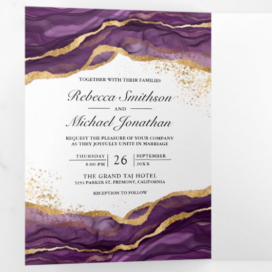 Paars goudkleurig Abstract ringbandje QR-code Drieluik Uitnodiging (Binnenzijde eerst)