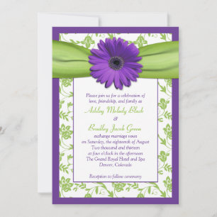 Paars Green Daisy Damask Wedding Invitation Kaart