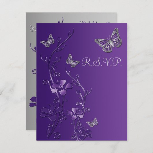 Paars, Grijs Bloemmotief met Vlinders RSVP Kaart 2 (Voorkant / Achterkant)
