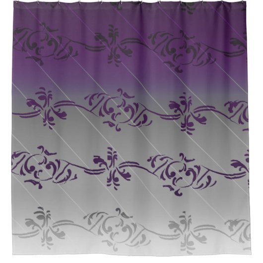 Paars grijs gradiënt gestreept Floral Leaf Pattern Douchegordijn (Voorkant)