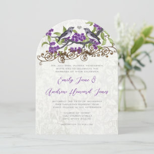 Paars & Grijs Vintage Liefdesvogels Bruiloft Kaart