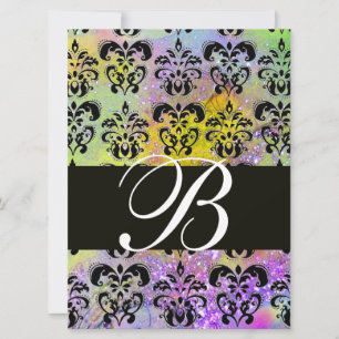 PAARS GROEN GEEL ZWART DAMAST MONOGRAM , wit Kaart