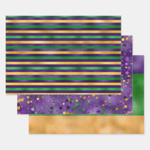 PAARS GROEN GOLD MARDI GRAS STRIPES POLKA DOTS INPAKPAPIER VEL