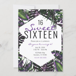 Paars & Groen Tropisch Palmblad Sweet 16 Kaart