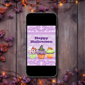  Paars Happy Halloween Cupcakes Holiday Kaart