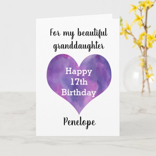 Paars hart 17e verjaardag kleindochter kaart (Gele Bloem)
