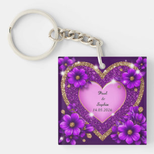 Paars Hart Frame met Glitters en Bloemen Sleutelhanger