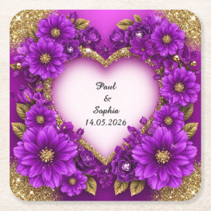 Paars Hart Frame met Glitters en Bloemen Vierkante Kartonnen Onderzetter