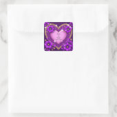 Paars Hart Frame met Glitters en Bloemen Vierkante Sticker (Tas)