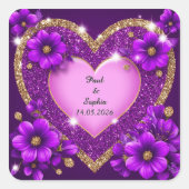 Paars Hart Frame met Glitters en Bloemen Vierkante Sticker (Voorkant)