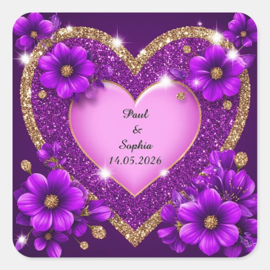 Paars Hart Frame met Glitters en Bloemen Vierkante Sticker (Voorkant)