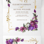 Paars Hot Pink Gold Waterverf Floral Script Drieluik Uitnodiging (Binnenkant midden)