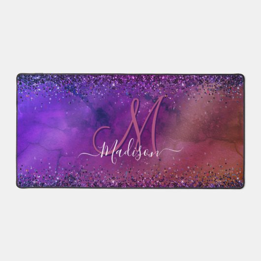 Paars ijzerhoudend geborsteld metaal glitter monog bureaumat (Voorkant)