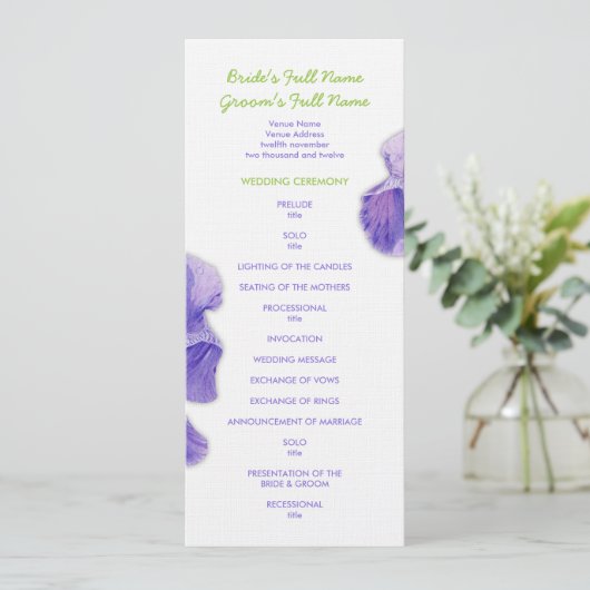Paars Iris Wedding Programme Programma (Staand voorkant)