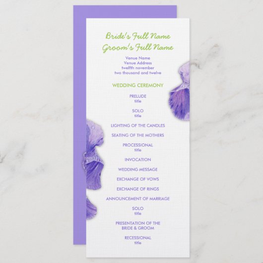Paars Iris Wedding Programme Programma (Voorkant / Achterkant)