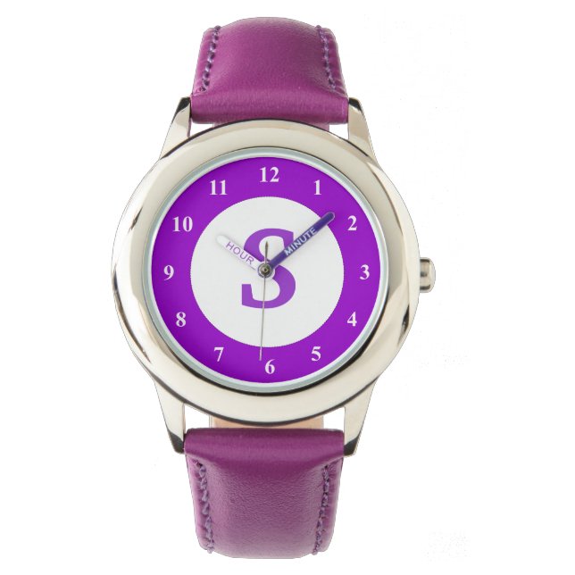 Paars kind horloge met klein aangepast monogram pi (Voorkant)
