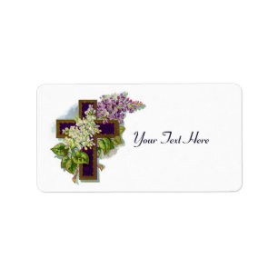 Paars kruis met bloemen etiket