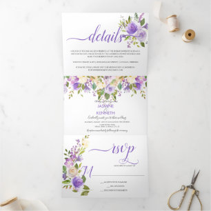 Paars Lavender Champagne Waterverf Floral Drieluik Uitnodiging