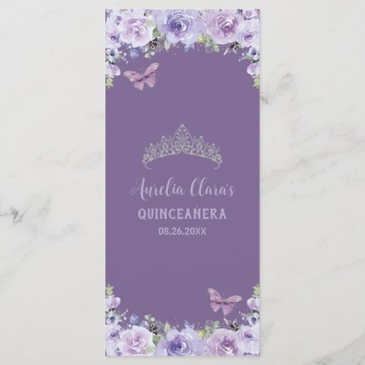 Paars Lila Floral Silver QUINCEAÑERA-partijmenu Programma (Achterkant)