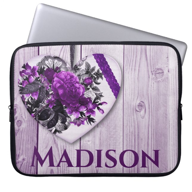 Paars Lila hart en bloemen met aangepaste naam Laptop Sleeve (Voorkant)