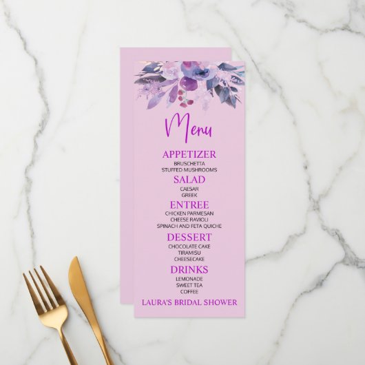 Paars Lila Vrijgezellenfeest menu (Voorkant / Achterkant in situ)