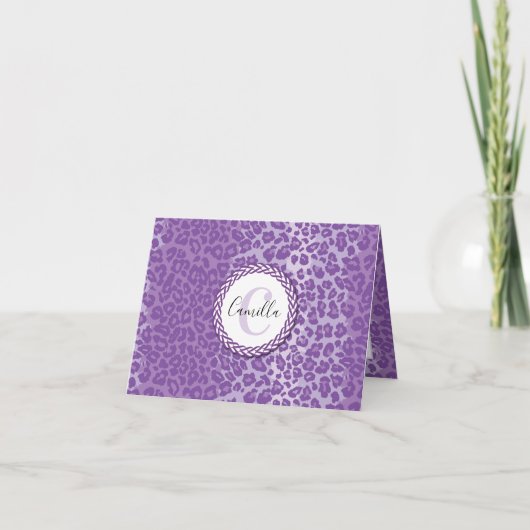 Paars luipaard patroon met aangepaste monogram en  bedankkaart (Voorkant)