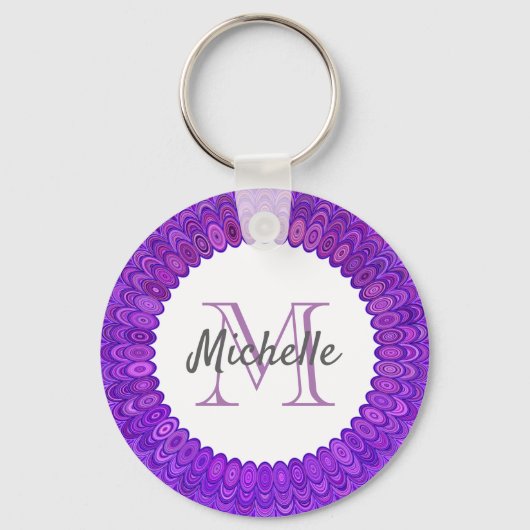 Paars Mandala Bird Feathers Monogram Sleutelhanger (Voorkant)