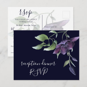 Paars Marineblauw Bloemendesign Donkere Ontvangst Uitnodiging Briefkaart