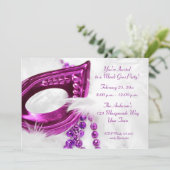 Paars Masker Beads Mardi Gras Uitnodiging (Staand voorkant)