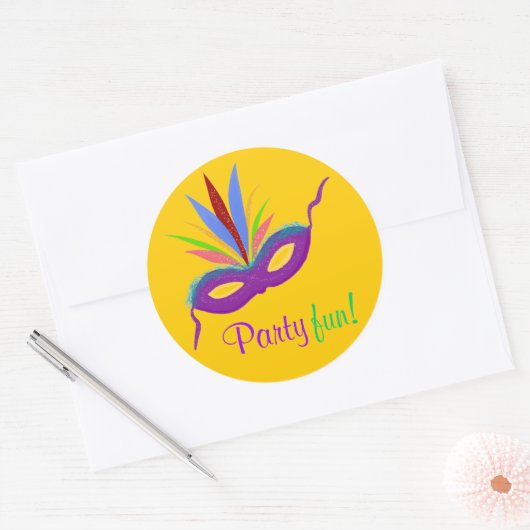 Paars Masker Feathers Mardi Gras Party Fun Oranje Ronde Sticker (Envelop)