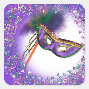 Paars masker met veren maskeradefeest vierkante sticker