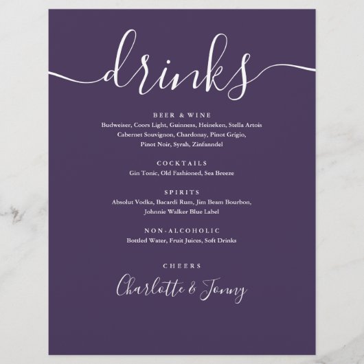 Paars modern script huwelijksdrankenmenu flyer (Voorkant)
