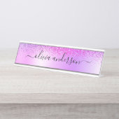 Paars monogram Glitter Sparkle Girly Script Bureau Naambordje (Voorkant)