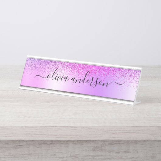 Paars monogram Glitter Sparkle Girly Script Bureau Naambordje (Voorkant)