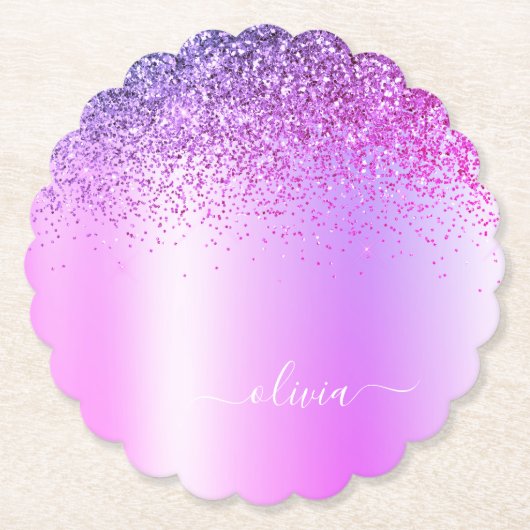 Paars monogram Glitter Sparkle Girly Script Kartonnen Onderzetters (Voorkant)