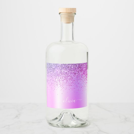 Paars monogram Glitter Sparkle Girly Script Likeurfles Etiket (Voorkant)