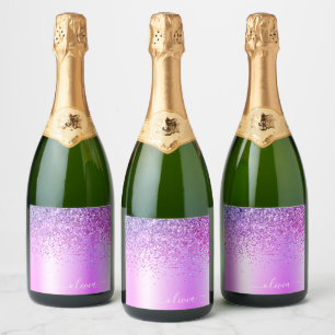 Paars monogram Glitter Sparkle Girly Script Sparkling Wijnetiket
