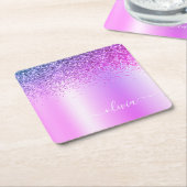 Paars monogram Glitter Sparkle Girly Script Vierkante Kartonnen Onderzetter (Schuin)