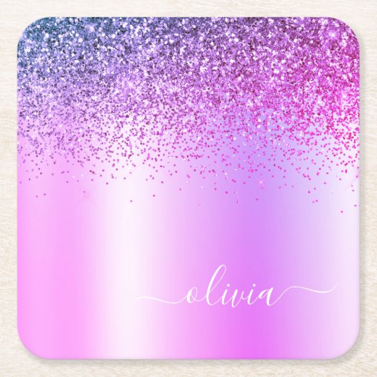 Paars monogram Glitter Sparkle Girly Script Vierkante Kartonnen Onderzetter (Voorkant)