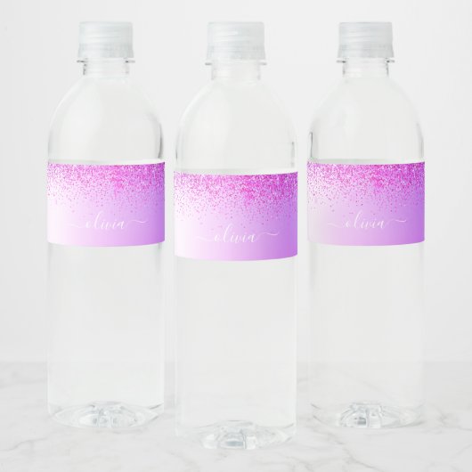 Paars monogram Glitter Sparkle Girly Script Waterfles Etiket (Flessen)