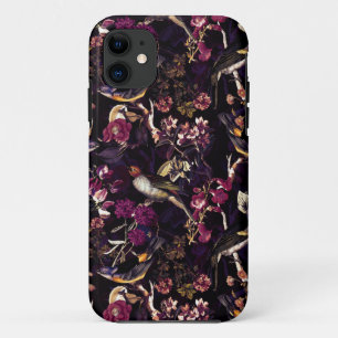 Paars Moody Floral Antiek vogelpatroon iPhone 11 Hoesje