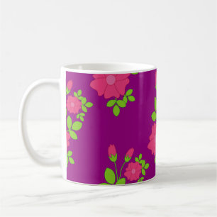 Paars naadloos patroon met roze bloemen en groen koffiemok