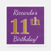 Paars, Nep Goud 11e Verjaardag + Aangepaste Naam Servetten (Voorkant)