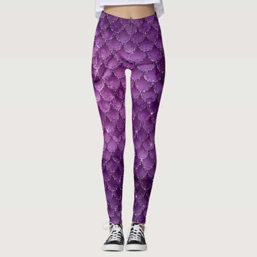 Paars Ombre Glam Mermaid Scales Patroon Leggings (Voorkant)