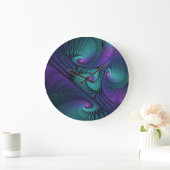 Paars ontmoet Turquoise Modern Abstract Fractal Ar Grote Klok (Huis)
