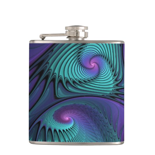 Paars ontmoet Turquoise Modern Abstract Fractal Ar Heupfles (Voorkant)