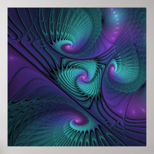 Paars ontmoet Turquoise modern abstract Fractal Ar Poster